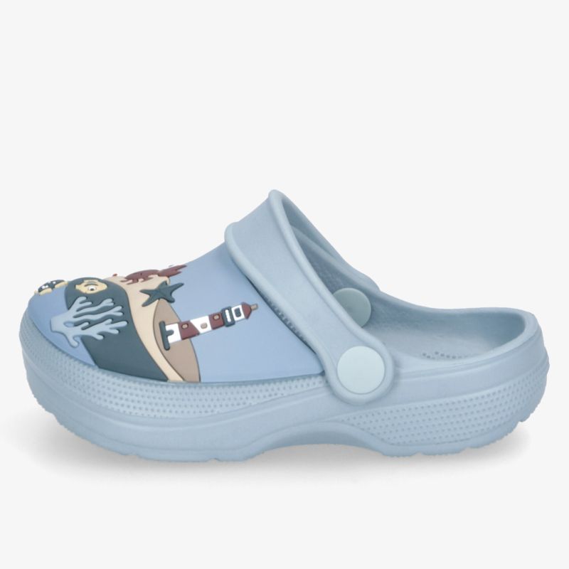 Blaue Clogs mit maritimen Motiv, ideal für Komfort und Halt im Alltag.