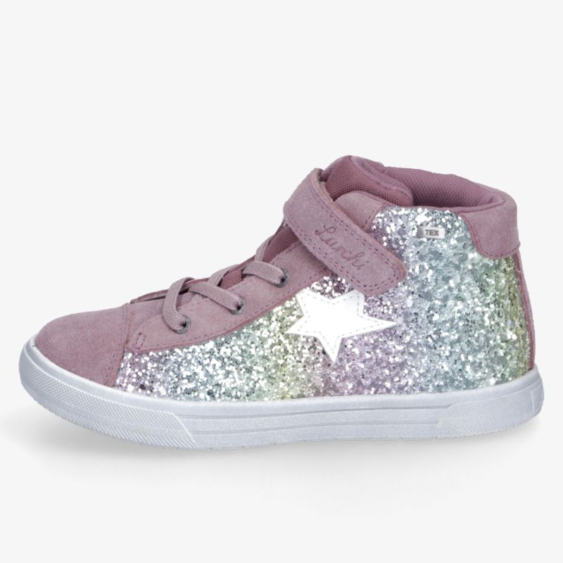 Rosafarbener High-Top-Sneaker mit glitzerndem Stern, Schnürung, gepolstertem Schaft und weißer Profilsohle