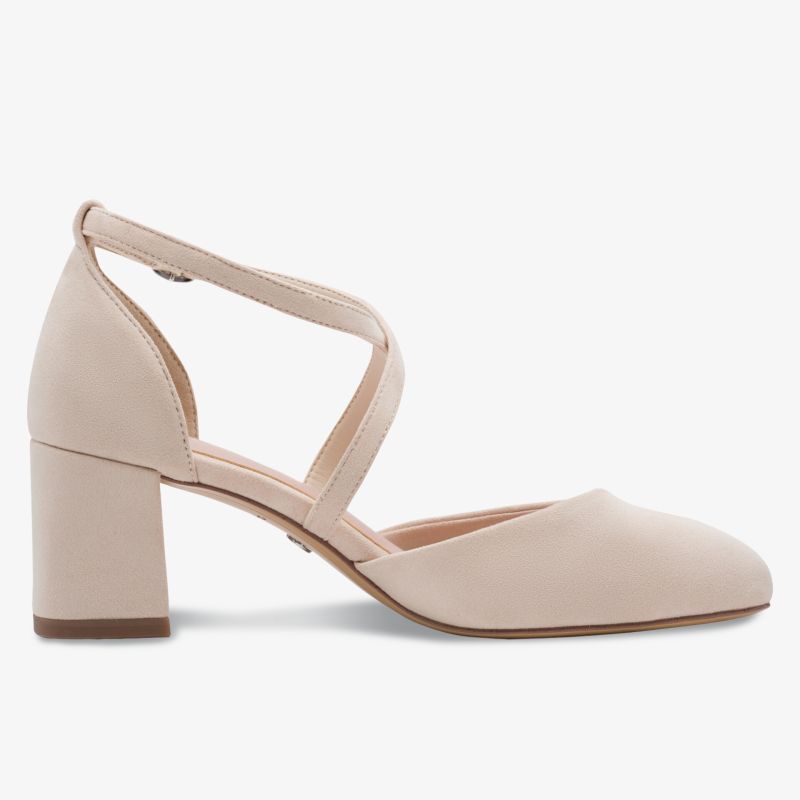 Eleganter Damenschuh mit bequemem Blockabsatz und weichem, pudrigem Riemchendesign