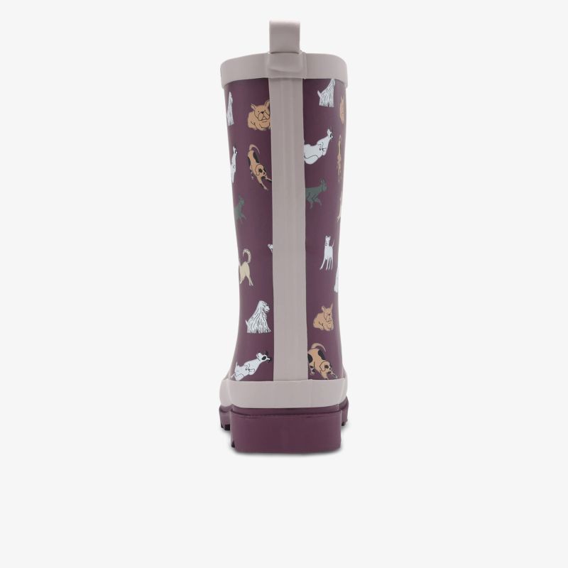 Bordeauxfarbener Regenstiefel mit Tiermuster, robust und wasserdicht, seitliche Naht sichtbar