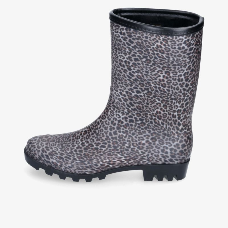 Gefleckte Gummistiefel mit robustem Profil, wasserabweisender Oberfläche und komfortablem, stabilem Schaft in Seitenansicht