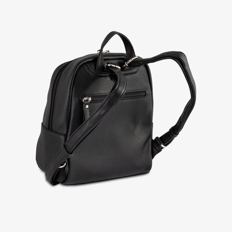 Eleganter schwarzer Lederrucksack mit praktischem Design und kompakter Größe für stilbewusste Träger.