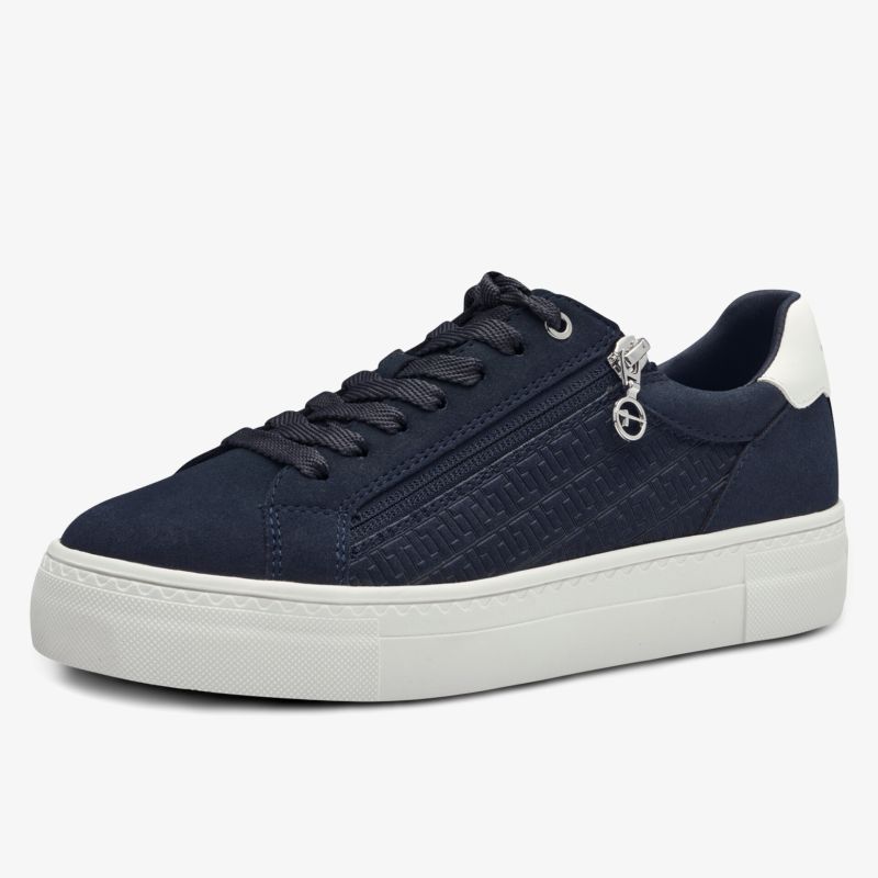 Stylish navy sneakers with zipper and white sole for versatile casual wear.
