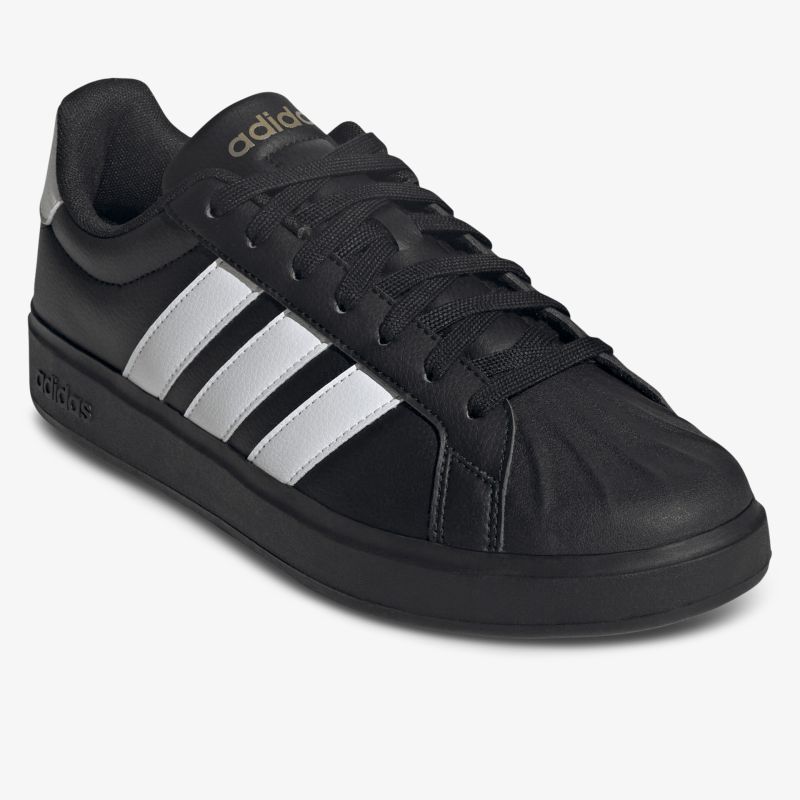 Schwarzer Sneaker mit weißen Streifen, bequem und strapazierfähig, sportliches klassisches Design