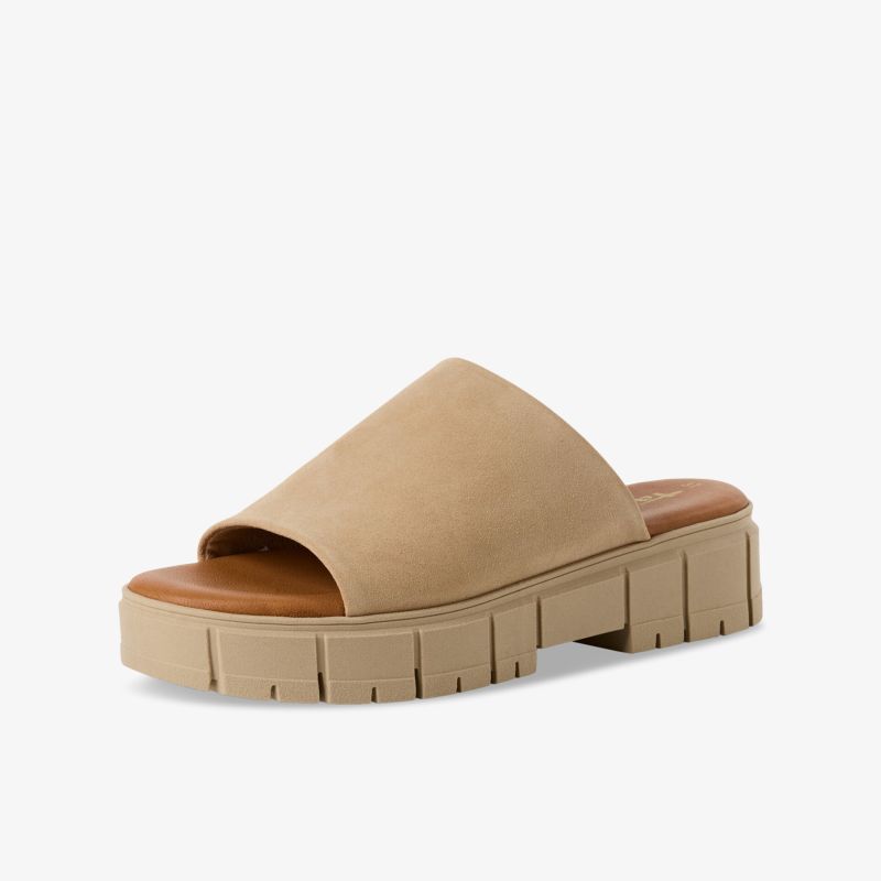 Beige Plateau-Pantolette mit breitem Riemen, komfortabler dicker Sohle und modernem Design für angenehmes Tragegefühl