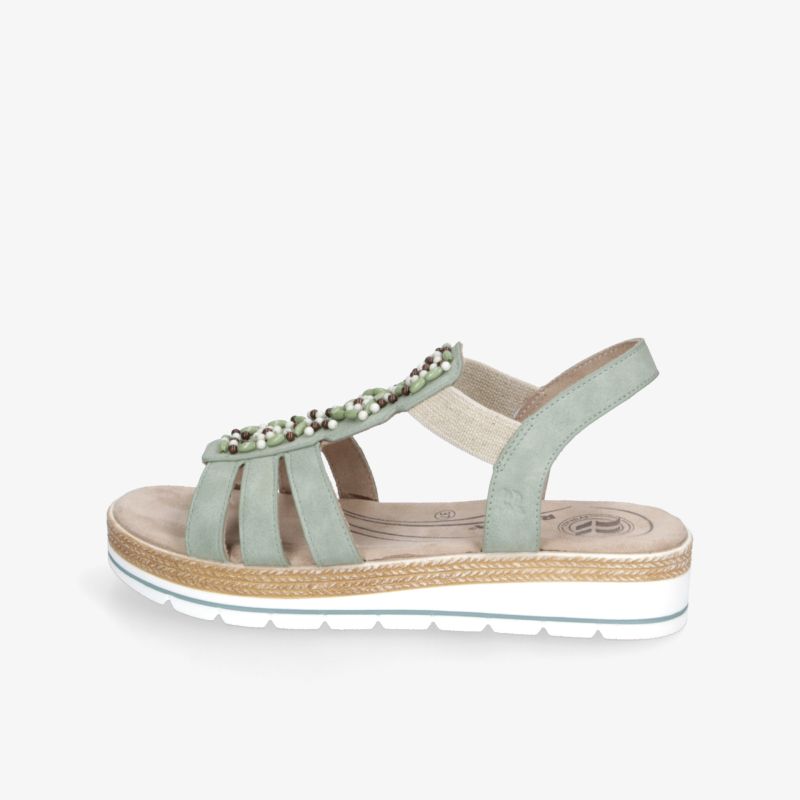 Bequeme Sandale mit verstellbarem Riemen und dekorativer Applikation seitliche Ansicht