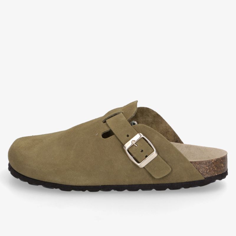 Bequemer Schlupfpantoffel mit verstellbarer Schnalle, anatomisch geformtem Fußbett und rutschfester Sohle in Olivgrün