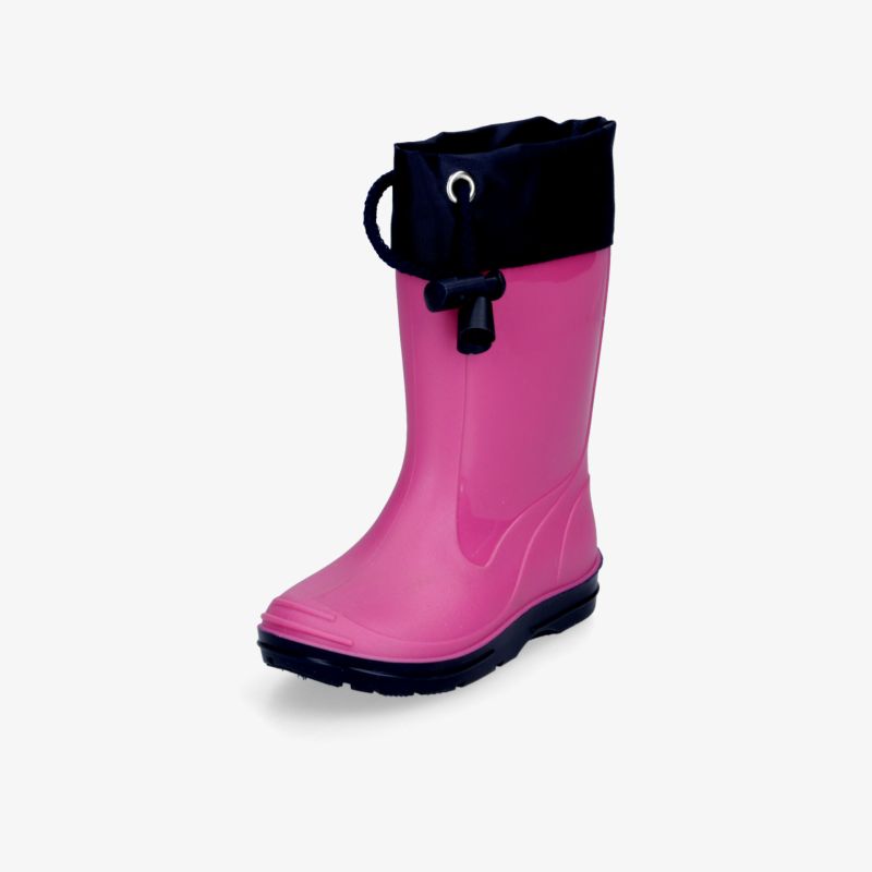 Wasserdichter rosaroter hoher Regenstiefel mit schwarzem verstellbarem Schaft und rutschfester Sohle