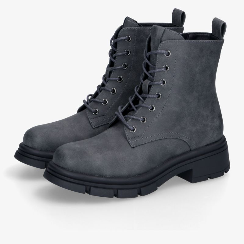 Elegante graue Boots mit robuster Profilsohle und Schnürung für optimalen Tragekomfort und modisches Design.