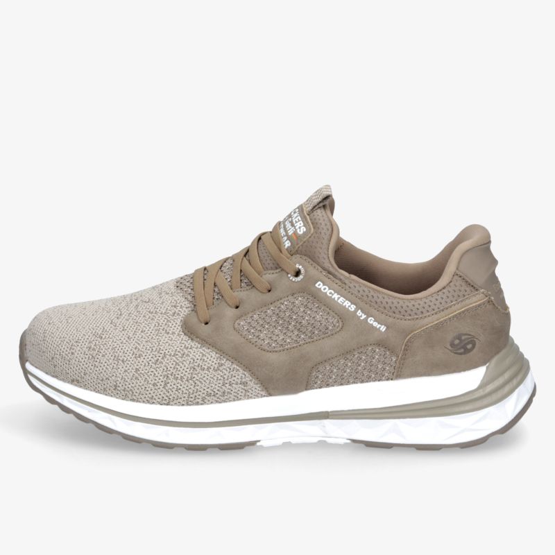 Seitliche Ansicht eines sportlichen bequemen Laufschuhs in Beige mit gedämpfter, rutschfester Sohle und atmungsaktivem Obermaterial