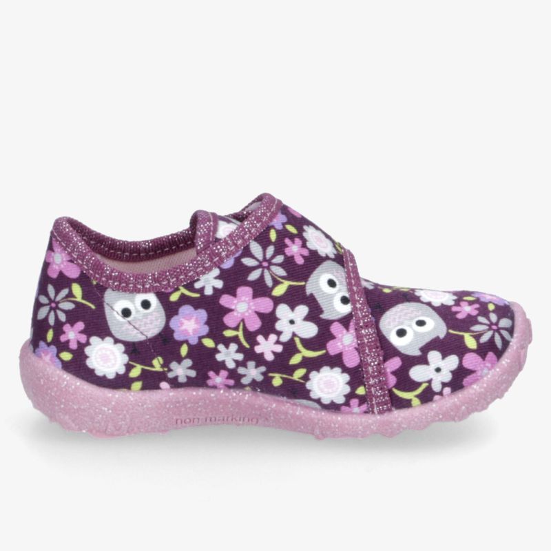 Weicher lila Hausschuh mit buntem Blumen- und Eulenmuster, flexible rutschfeste Sohle und praktischem Klettverschluss