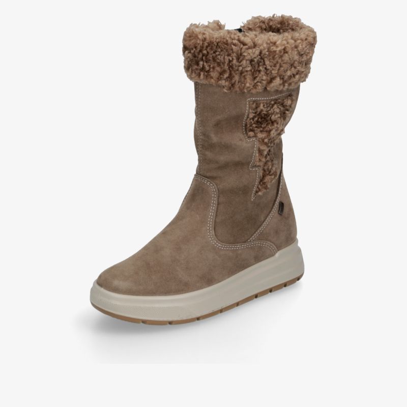 Brauner Stiefel aus weichem Veloursmaterial mit kuscheligem Fellrand, dekorativem Reißverschluss und robuster Profilsohle