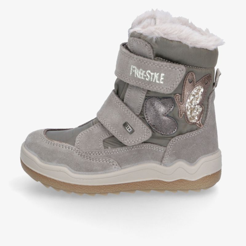 Grauer Winterstiefel mit kuscheligem Futter, praktischem Klettverschluss, robustem Profil und bequemer Passform