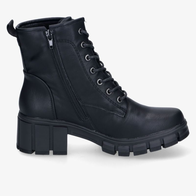 Robuster schwarzer Stiefel mit dicker Plateau-Sohle, seitlichem Reißverschluss und Schnürung, stilvoll und komfortabel