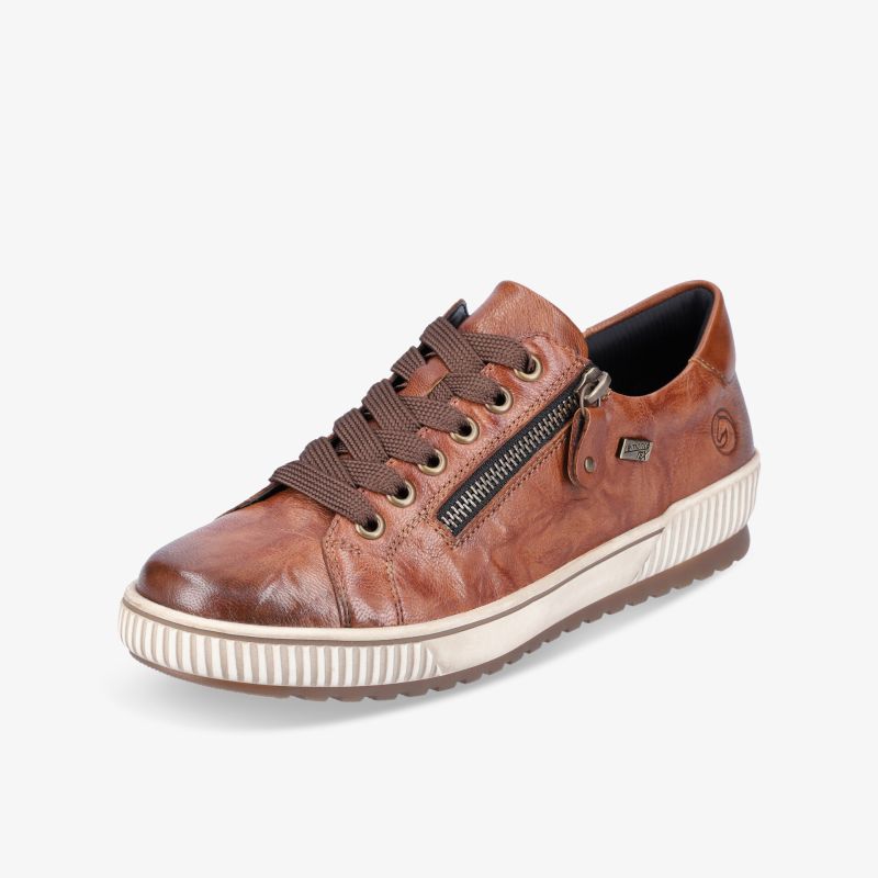 Brauner Sneaker mit Reißverschluss, weißen Sohle und Schnürsenkeln, sportlich und bequem