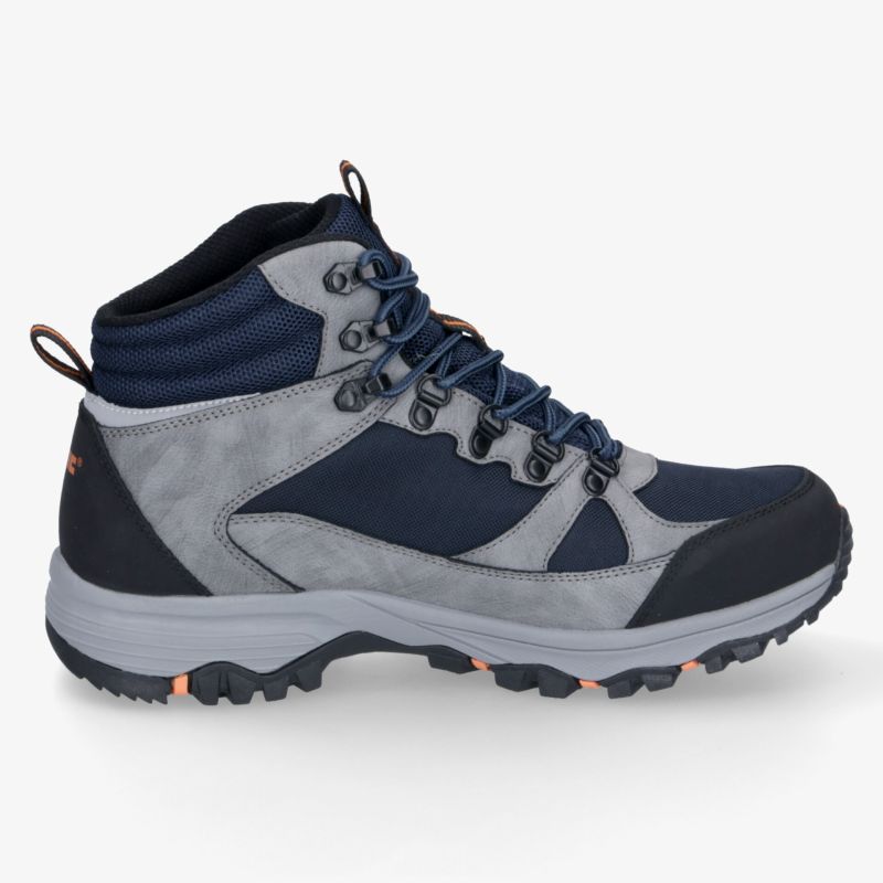 Robuster Wanderschuh in Grau und Blau mit griffiger Profilsohle, gepolstertem Schaft und sicherer Schnürung.