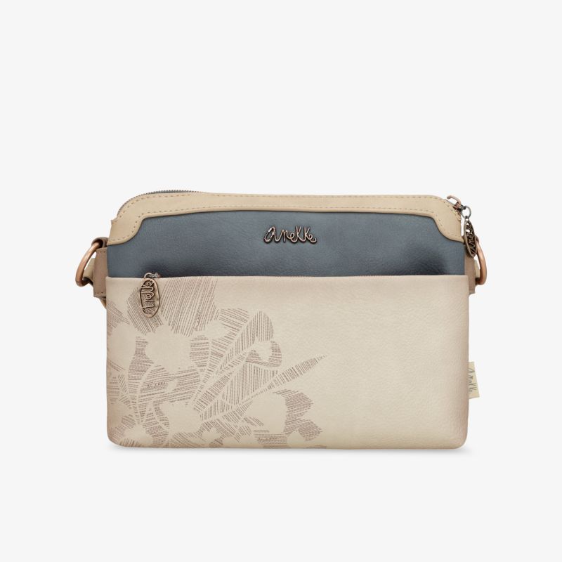 Elegante beige-blaue Umhängetasche mit floralem Muster und Reißverschluss, kompakt und praktisch für den Alltag
