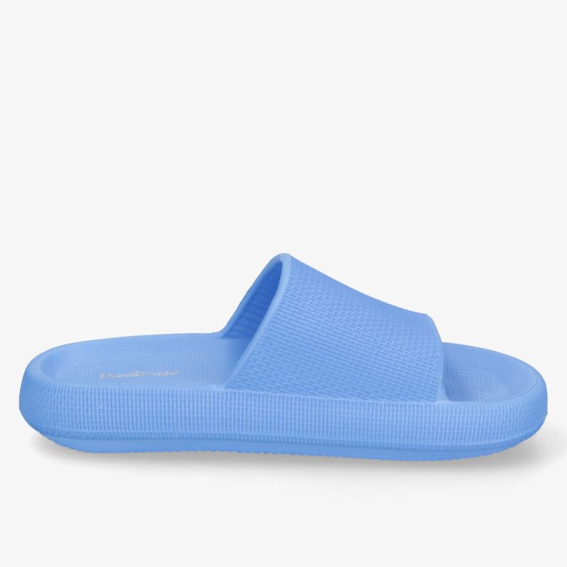 Seitliche Ansicht eines blauen Badeschuhs mit rutschfester Sohle und offenem Zehenbereich, bequem und leicht
