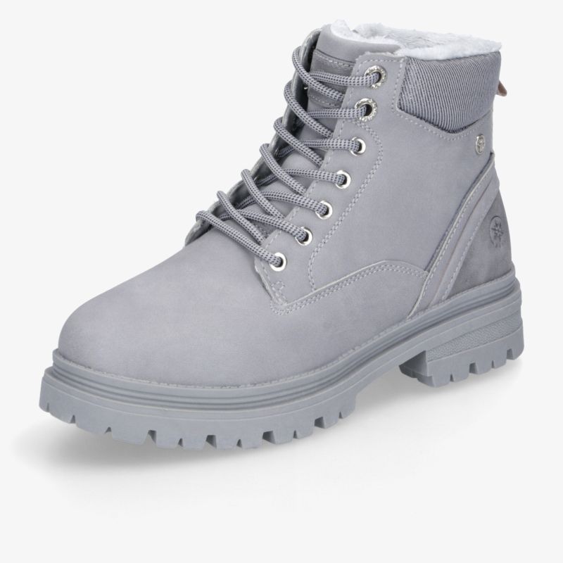 Robuster grauer Winterstiefel mit Schnürung, gepolstertem Schaftrand und dicker profilierter Sohle für sicheren Halt