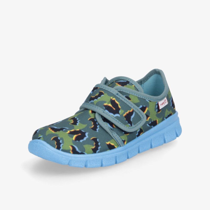leichter, bequemer Kinderschuh mit rutschfester Sohle und praktischem Doppelklettverschluss im blauen Camouflage Design
