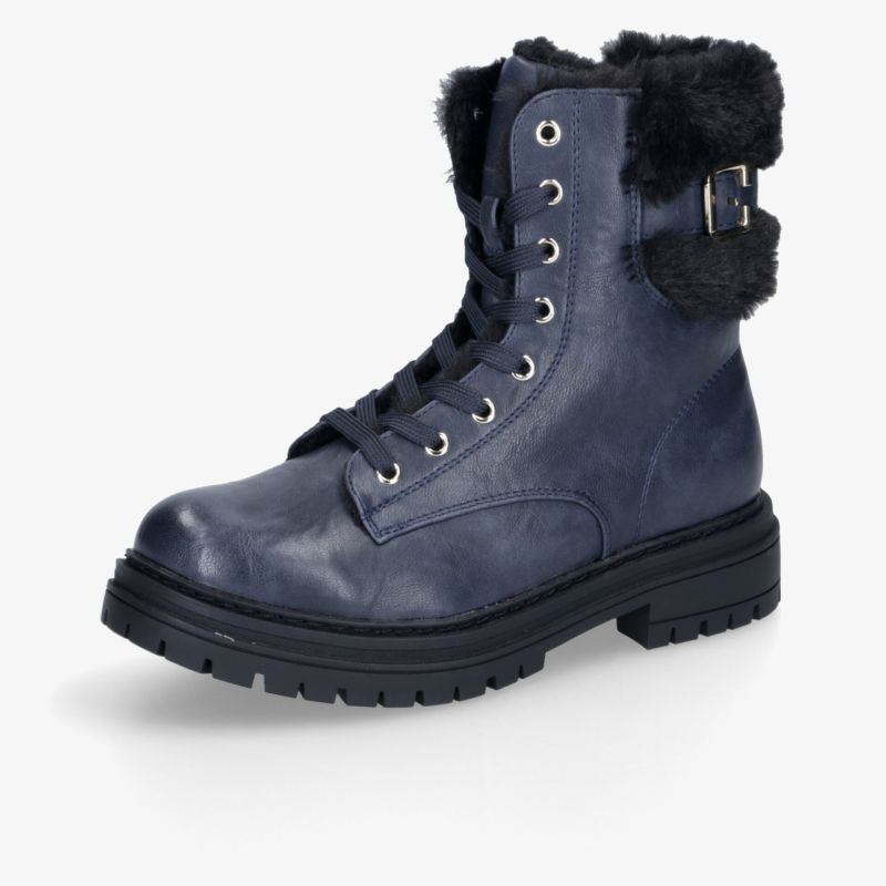 Robuster schwarzer Winterstiefel mit warmer Innenfütterung, stabiler Sohle, Schnürung und dekorativer Schnalle