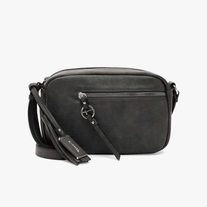 Kompakte schwarze Umhängetasche mit Reißverschluss und verstellbarem Schulterriemen in schräger Vorderansicht