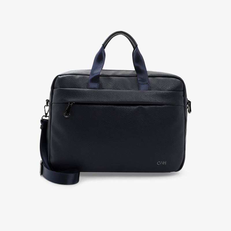 Schwarze elegante Business-Tasche mit Reißverschluss, robustem Material und verstellbarem Schultergurt, Frontansicht