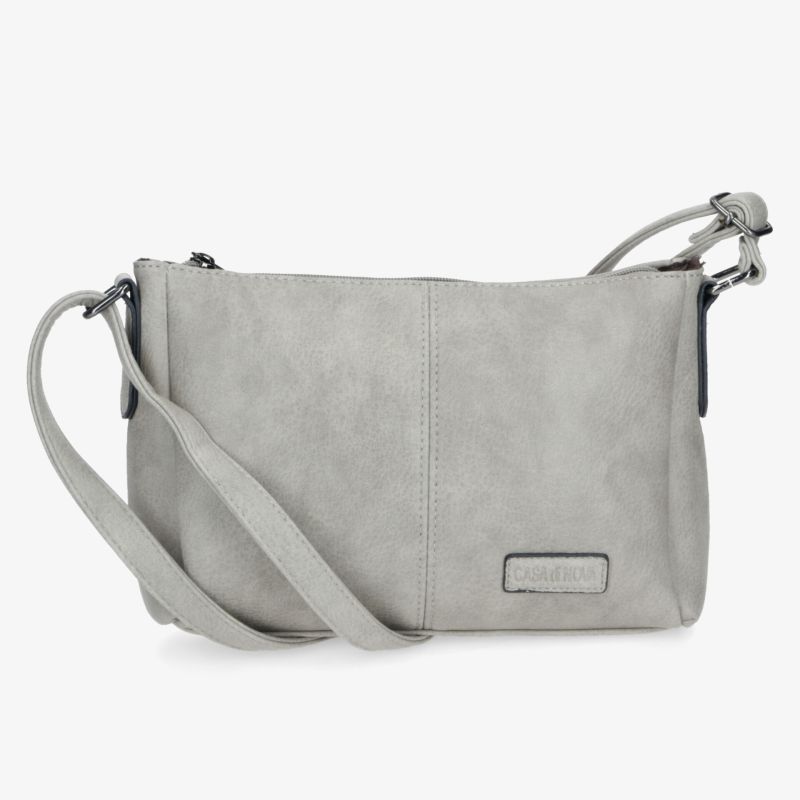 Graue kleine Umhängetasche mit verstellbarem Schultergurt und schlichtem, elegantem Design, Vorderansicht