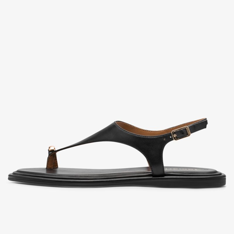 Elegante schwarze flache Sandale mit verstellbarer Schnalle und minimalistischem Riemendesign