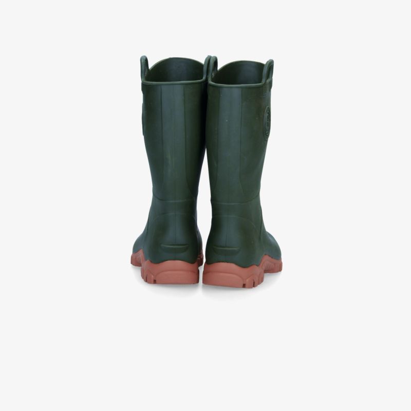 Robuste grüne Gummistiefel mit roter Sohle, hoher Schaft, rutschfeste Profilsohle für sicheren Halt