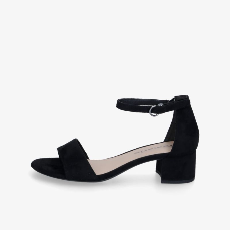 Eleganter schwarzer Sandaletten-Schuh mit Blockabsatz und Knöchelriemen. Perfekt für stilvolle Anlässe.