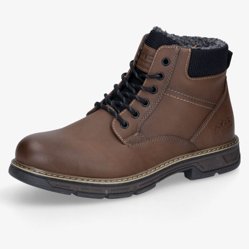 Robuster brauner Lederstiefel mit warmem Innenfutter, gepolstertem Schaft und rutschfester Sohle in seitlicher Ansicht