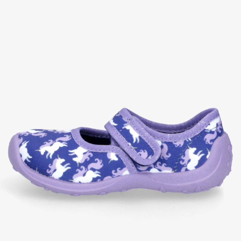 Bequemer lila Hausschuh mit buntem Einhornmuster, flexiblem Riemen und rutschfester Sohle für sicheren Halt