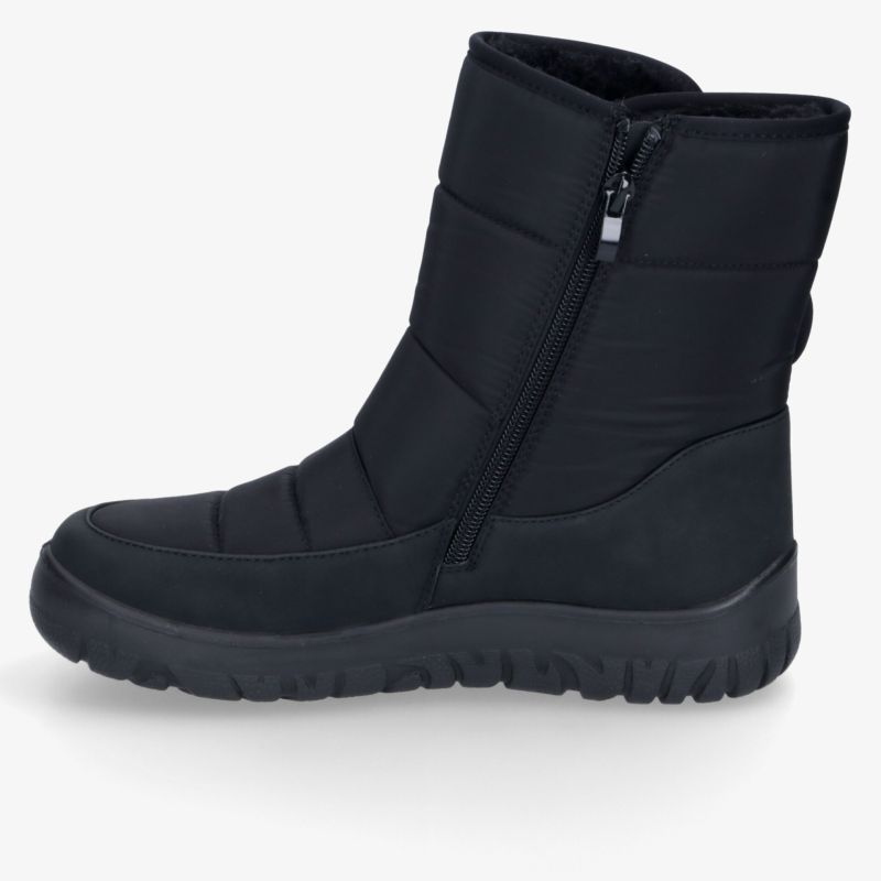 Schwarzer warmer Winterstiefel mit praktischem Reißverschluss und rutschfester Sohle, seitliche Ansicht