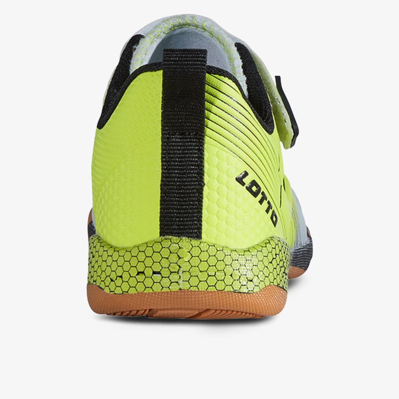 Rückansicht eines leuchtend grünen, strapazierfähigen Schuhs mit rutschfester Sohle und atmungsaktivem Material