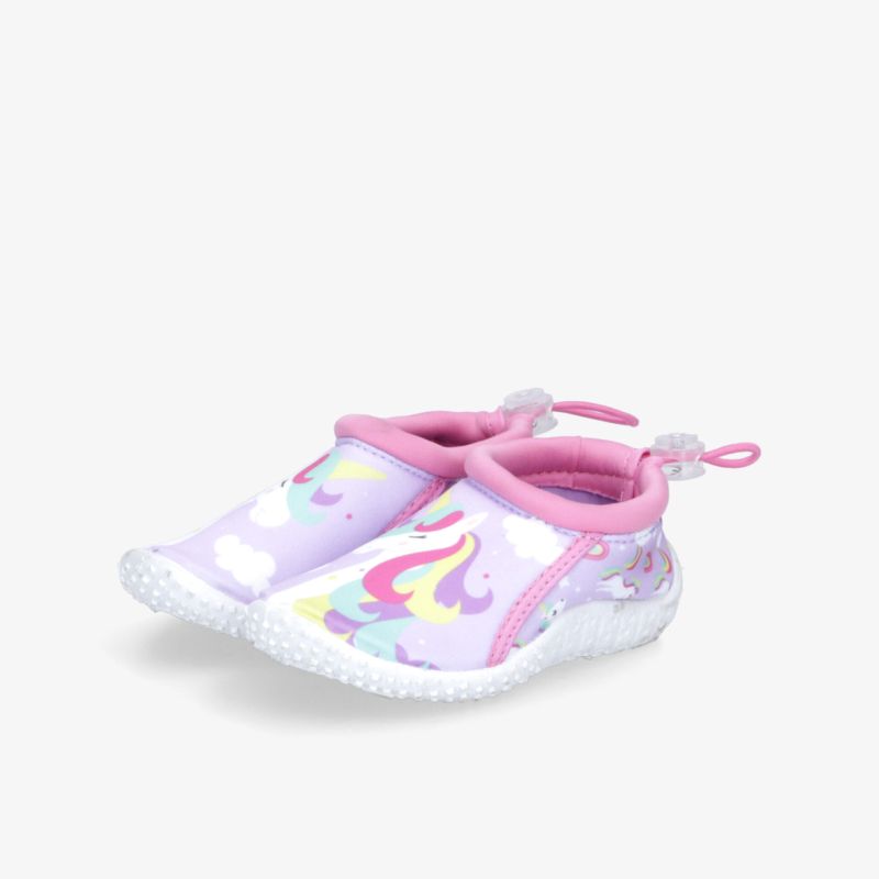 Bequemes, wasserdichtes Badeschuh-Paar mit buntem Einhorn-Design, rutschfester Sohle und flexiblem Material