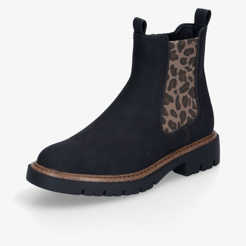 Schwarzer Chelsea Boot mit dekorativem Leopardenmuster, robustem Profil und eleganter Ziernaht für stilvolle Auftritte
