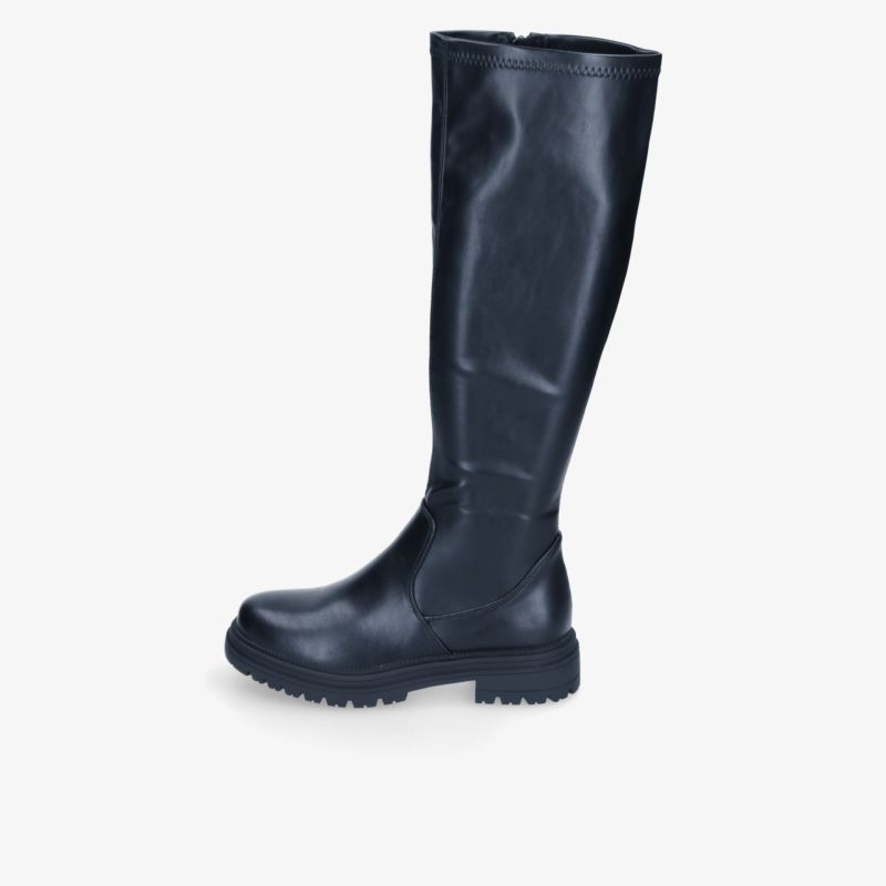 Schwarzer hochschaftiger Stiefel aus Glattleder mit robustem Absatz und rutschfester Profilsohle in seitlicher Ansicht