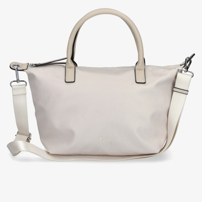 Elegante beige Umhängetasche mit verstellbarem Gurt und robusten Griffen. Stilvolles, minimalistisches Design.