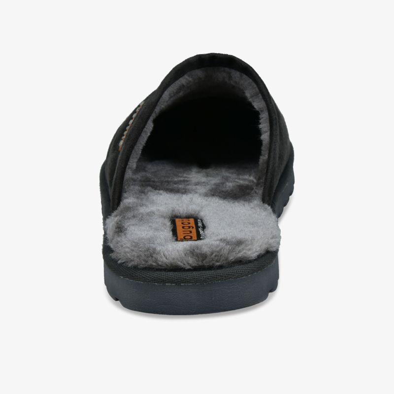 Rückansicht eines bequemen Hausschuhs mit weichem, kuscheligem Innenfutter und stabiler Sohle