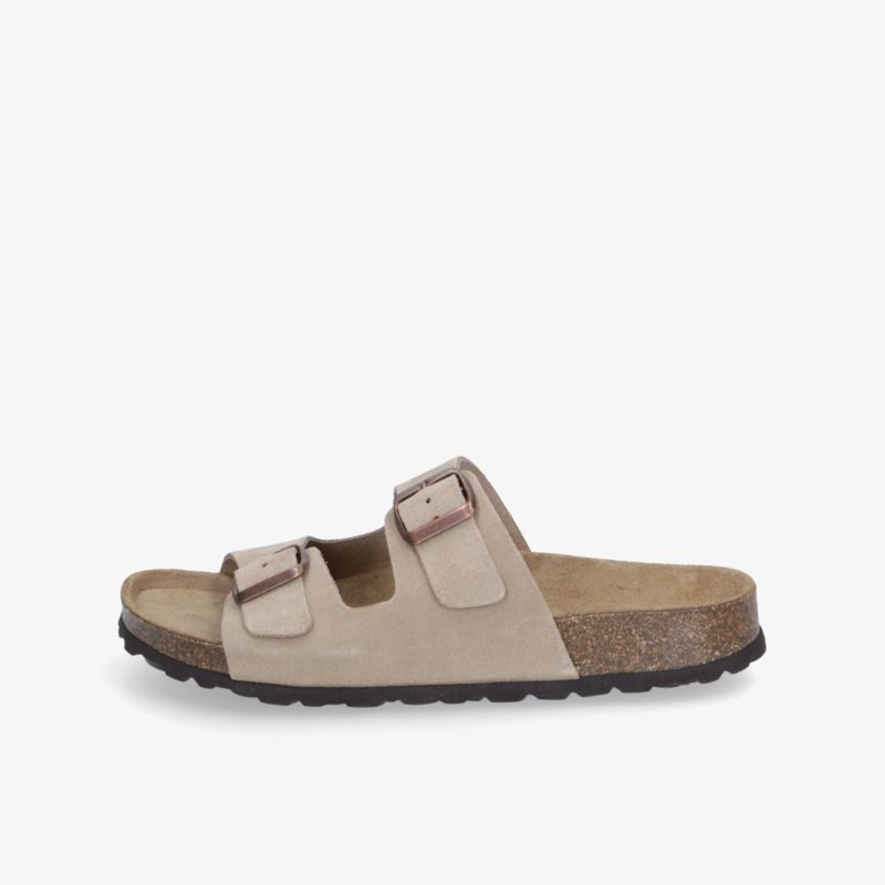 Beige Sandale mit verstellbaren Riemen und weichem Korkfußbett für hohen Tragekomfort und rutschfeste Sohle seitlich