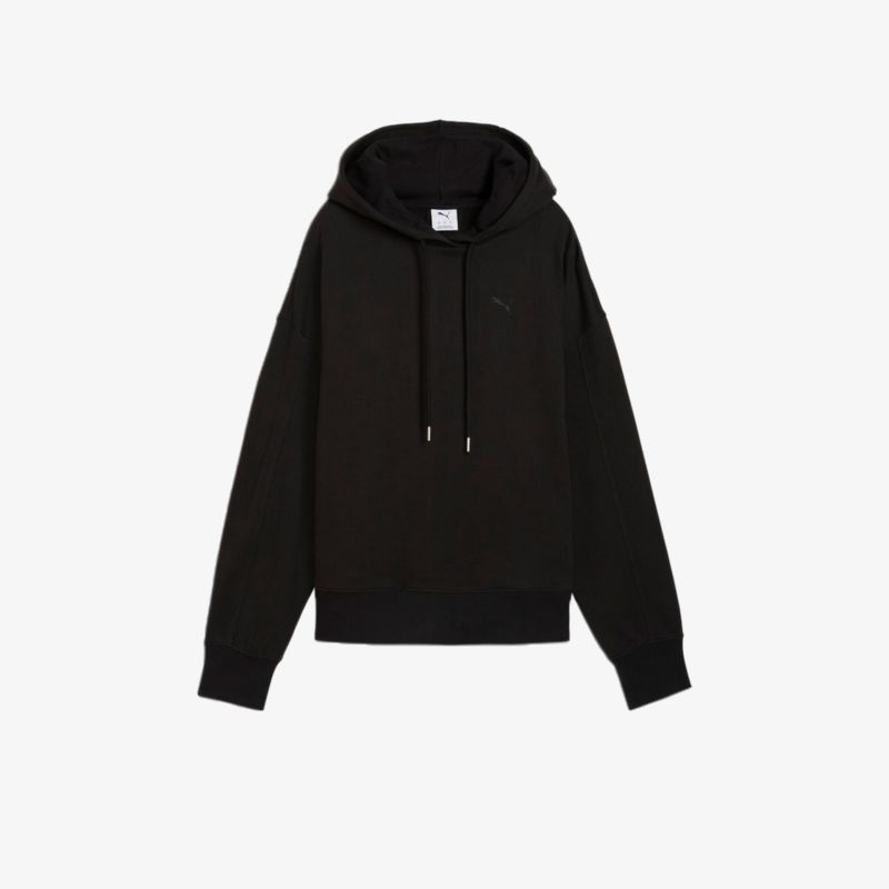 Schwarzer Kapuzenpullover mit Kängurutasche und bequemem Schnitt, Frontansicht, schlichtes und zeitloses Design