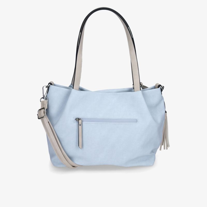 Elegante hellblaue Handtasche mit robustem Schultergurt und praktischer Reißverschlusstasche, modisch und vielseitig.