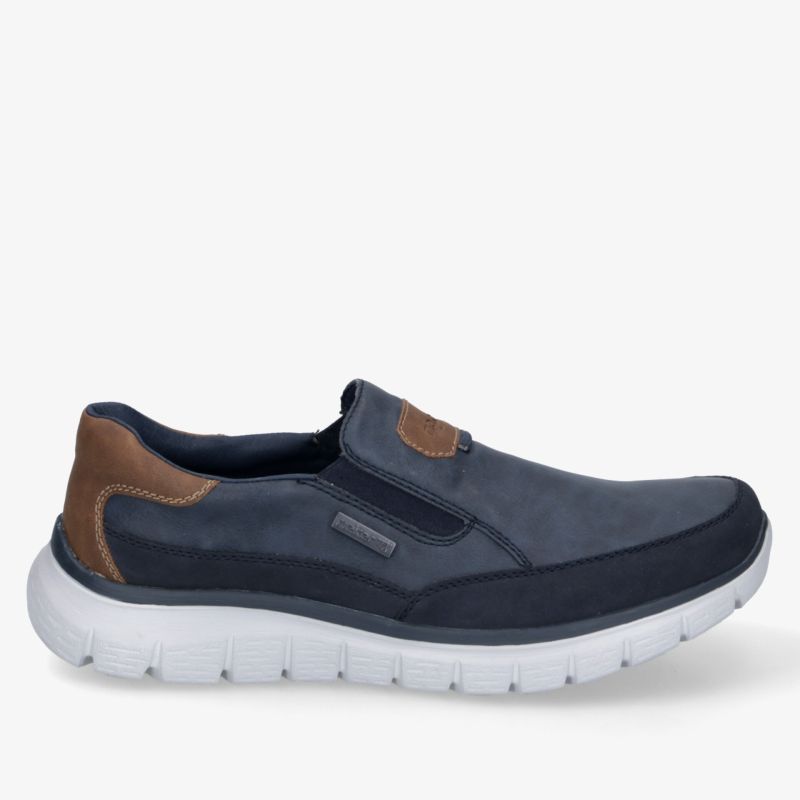Bequemer blauer und brauner Slipper mit flexibler weißer Sohle, einfach anzuziehen und rutschfest