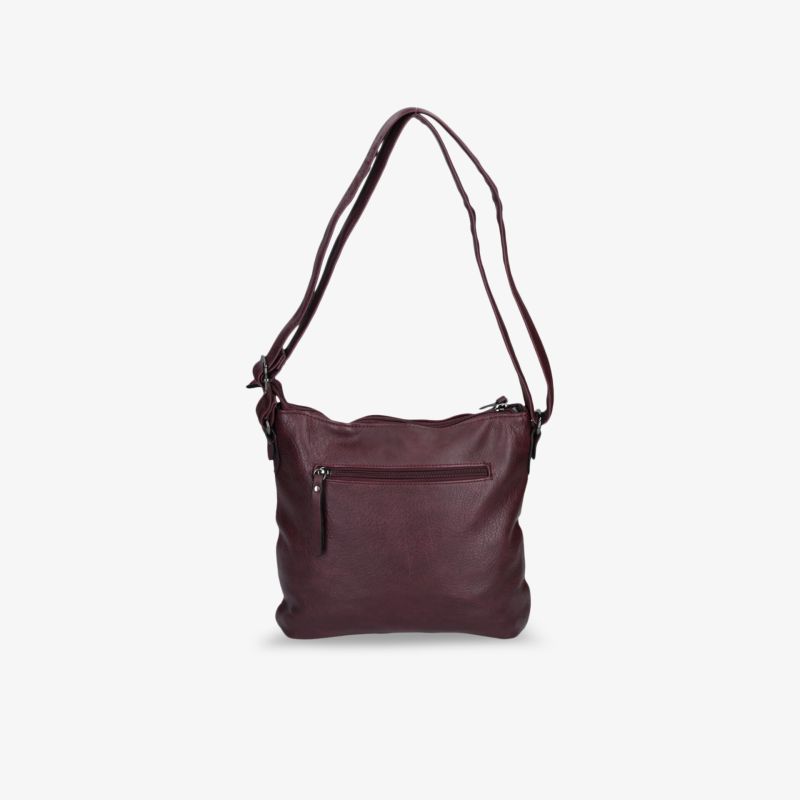 Elegante weinrote Handtasche aus Leder mit verstellbarem Riemen und praktischen Fächern für den Alltag.