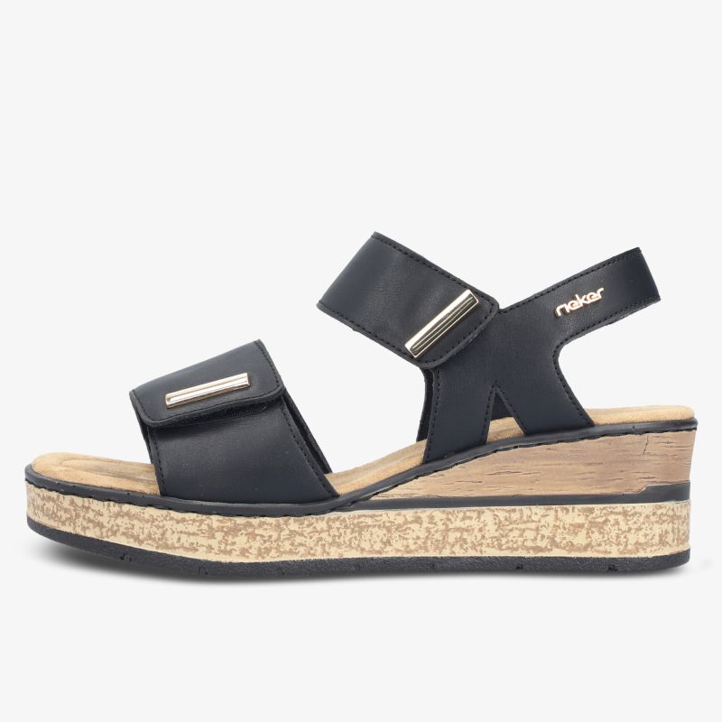 Schwarze Sandale mit verstellbarem Riemen und bequemem Keilabsatz, perfekt für den Sommer