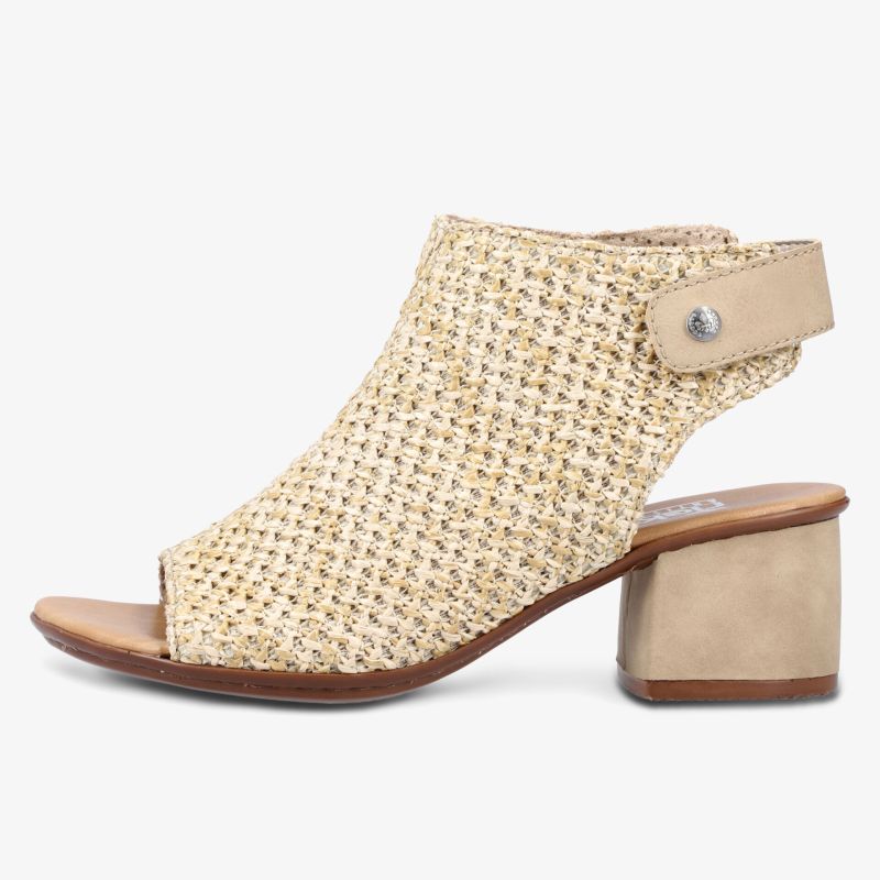 Seitliche Ansicht eines offenen Schuhs mit gewebtem Obermaterial und kurzem Blockabsatz für hohen Tragekomfort