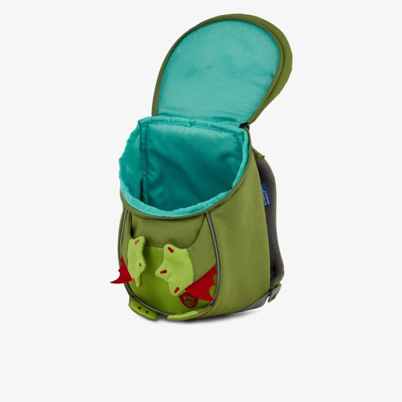 Kleiner grüner Kinderrucksack mit Tiermotiv, robustem Material und großzügiger Öffnung für einfachen Zugriff