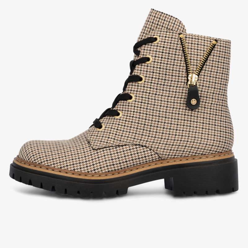 Seitlich sichtbarer Schnürstiefel mit Karomuster, robuster Sohle und praktischem Reißverschluss