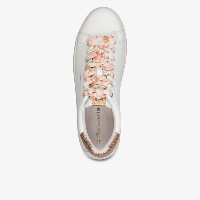 Weißer Sneaker mit floralen Schnürsenkeln, komfortabler Innenraum und modernes Design aus der Draufsicht